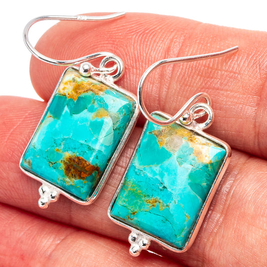 Turquoise rectangle stone drop earrings with .925 sterling silver square bezel and hooks