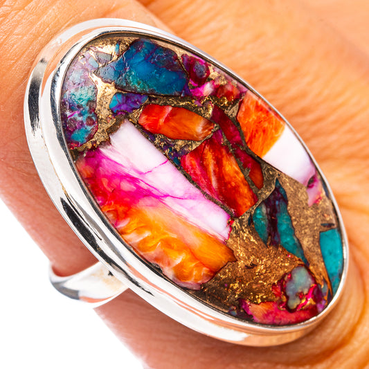 Oval multicolor gemstone inlay sterling silver ring, close-up top view