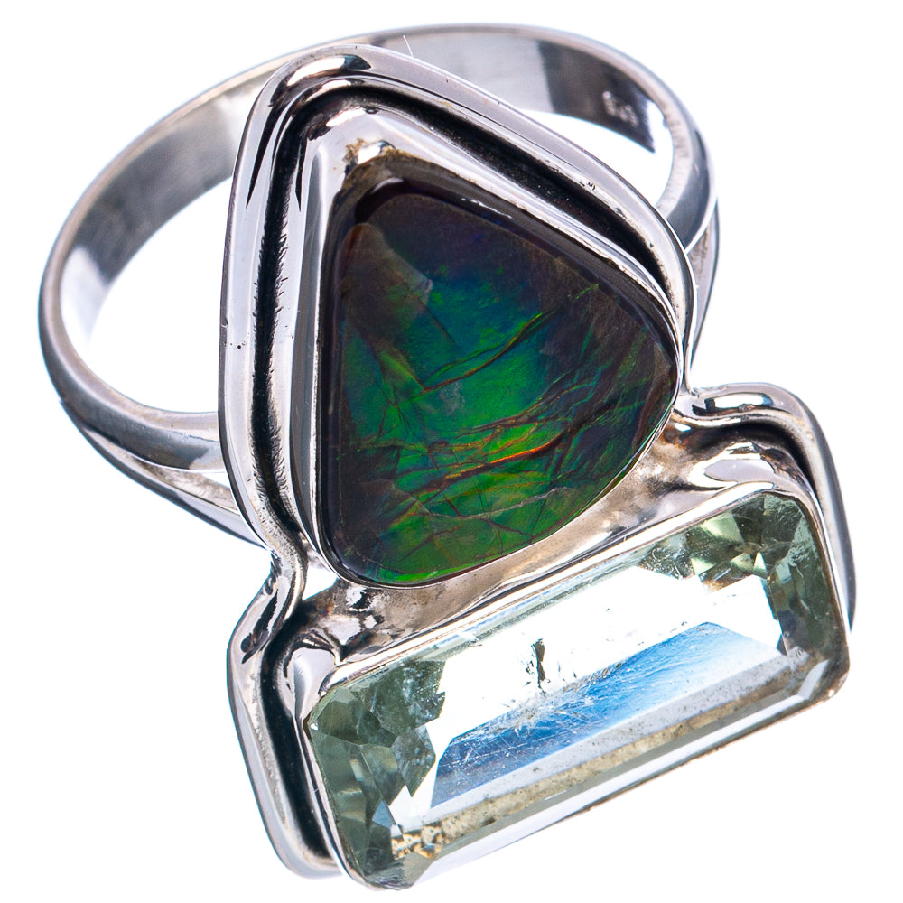 Premium Ammolite, Green Amethyst Ring Size 10 (.925 Sterling Silver)