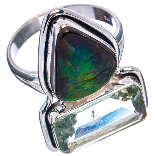 Sterling silver ring featuring green ammolite and rectangular faceted clear gemstone