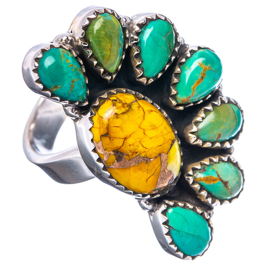 Sterling silver statement ring with oval yellow stone and green turquoise accents