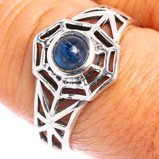 Dainty sterling silver ring with round blue kyanite and lattice web setting