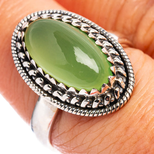 Green oval chalcedony set in braided sterling silver ring, size 7.25