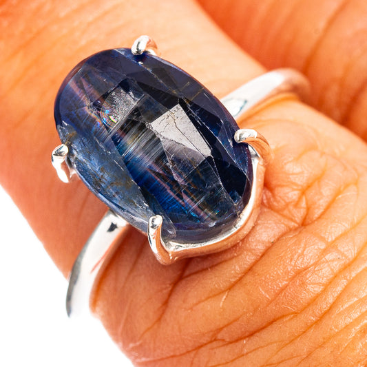 925 sterling silver ring with faceted oval blue kyanite gemstone, prong setting