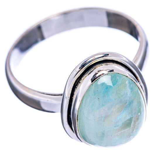 Green moonstone cabochon sterling silver ring, round bezel, size 8