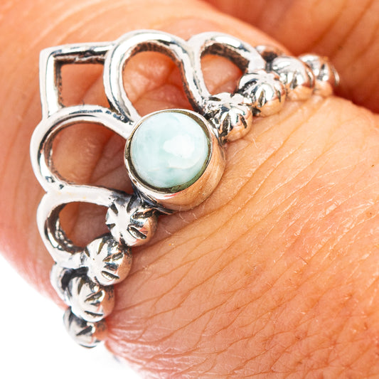 Sterling silver crown ring with round Larimar cabochon and ornate band detail
