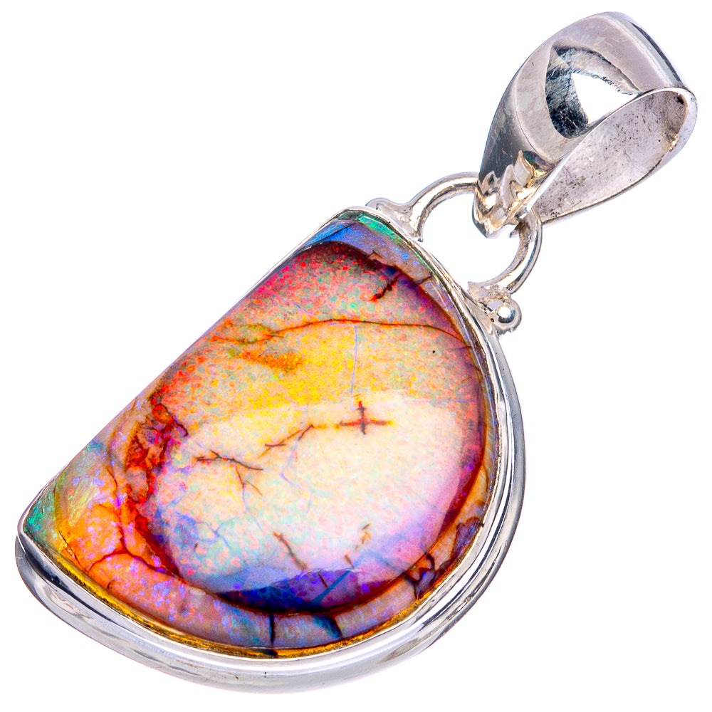 Teardrop opal pendant in sterling silver, colorful rainbow iridescence with loop bail