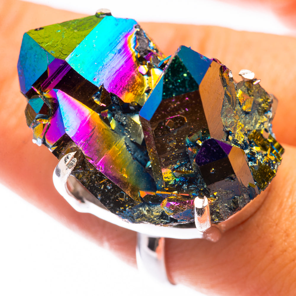 Large iridescent druzy statement ring on 925 silver band, blue-green-purple sparkle