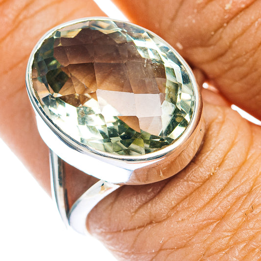 Oval green faceted amethyst ring, .925 sterling silver, close-up