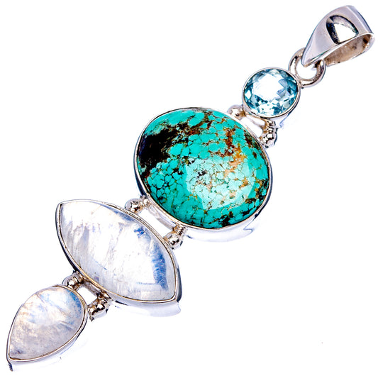Sterling silver gemstone pendant: turquoise center, moonstone drops, small blue round stones