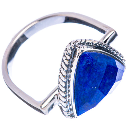 Sterling silver lapis lazuli ring, side view of triangular blue gemstone setting