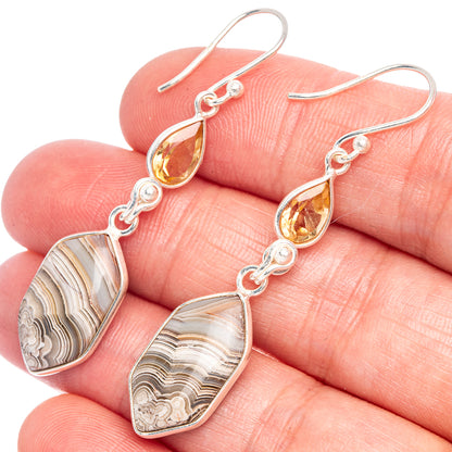 Sterling silver drop earrings: teardrop citrine with lace agate heart stones