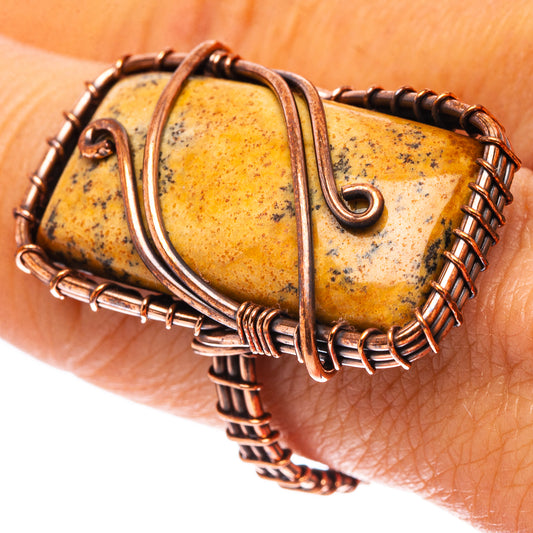 Picture jasper ring, oxidized copper wire wrap, oval yellow stone with speckles