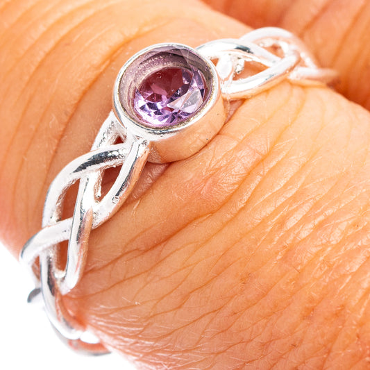 Amethyst dainty sterling silver ring with round purple gemstone, openwork band detail