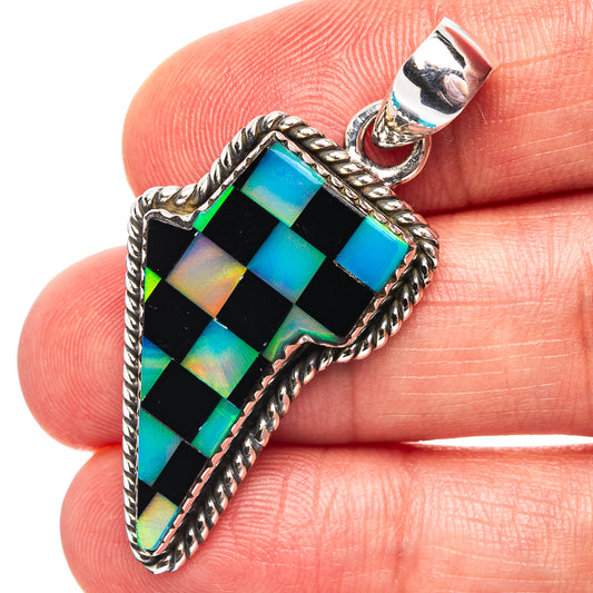 Sterling silver lightning bolt pendant with multicolor opal inlay and rope border