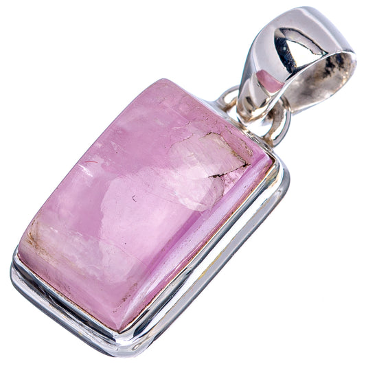Kunzite pendant with pink rectangular stone and .925 sterling silver frame, side view.