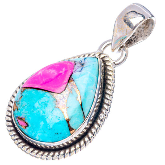 Oval turquoise and pink inlay pendant with ridged .925 sterling silver frame
