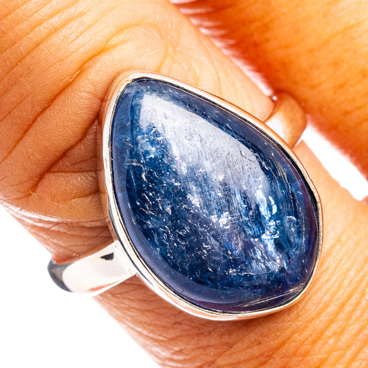 Oval blue kyanite cabochon ring with .925 sterling silver bezel, size 9.5