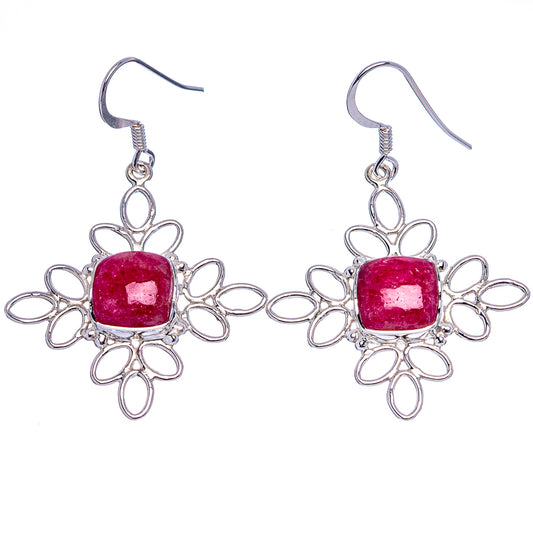 Sterling silver thulite flower drop earrings with ruby-pink square stones