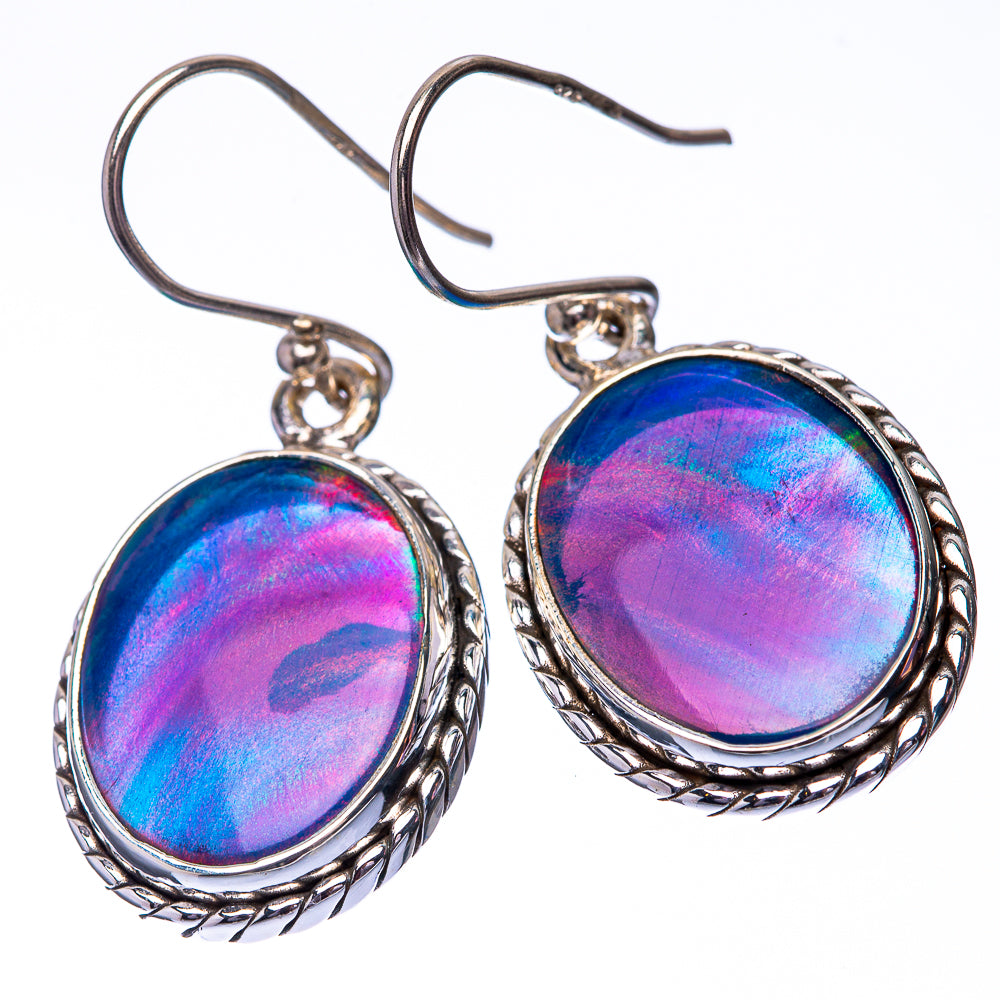 Oval iridescent opal drop earrings in sterling silver, rope-rim border, fishhook backs