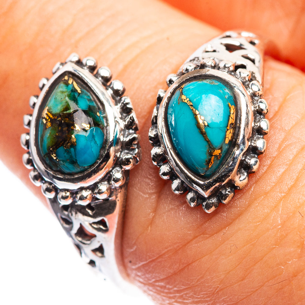 925 sterling silver turquoise oval cabochon dainty ring with ornate bezel and beadwork