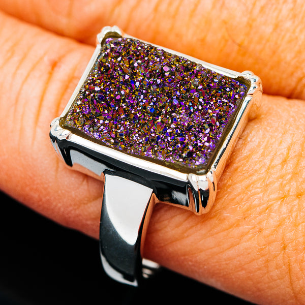 Rectangular druzy statement ring in purple iridescent sparkle with sterling silver setting
