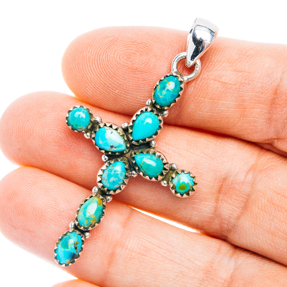 Southwestern Style Mohave Turquoise Cross Pendant 2" (.925 Sterling Silver)