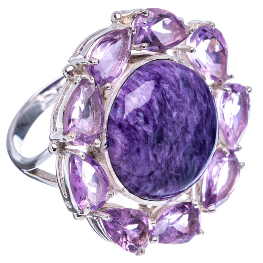 Sterling silver oval charoite cabochon ring with purple amethyst oval side stones