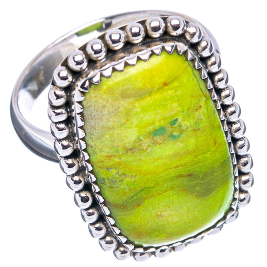 Sterling silver ring with oval green gaspeite gemstone, beaded halo setting