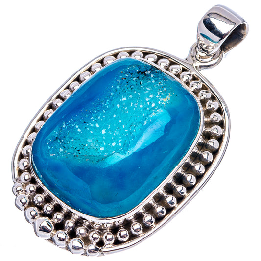 Teal-blue oval drusy agate pendant in .925 sterling silver scalloped frame with bail