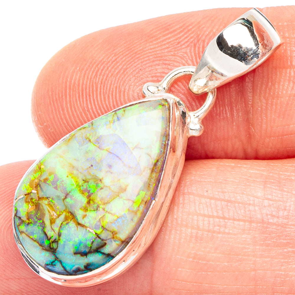 Teardrop opal pendant in 925 sterling silver, iridescent multicolor stone
