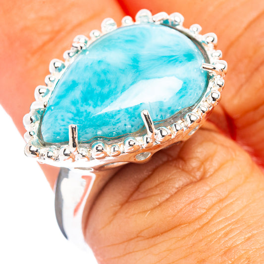 Oval larimar gemstone ring in sterling silver, turquoise stone with bezel and prongs