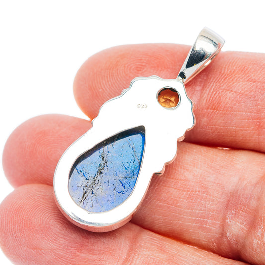 Sterling silver pendant back with blue labradorite teardrop, orange citrine top, 925 stamp