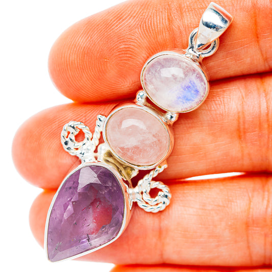 Premium Multi-Gem Amethyst, Rose Quartz, Rainbow Moonstone Pendant 2 1/8" (.925 Sterling Silver)
