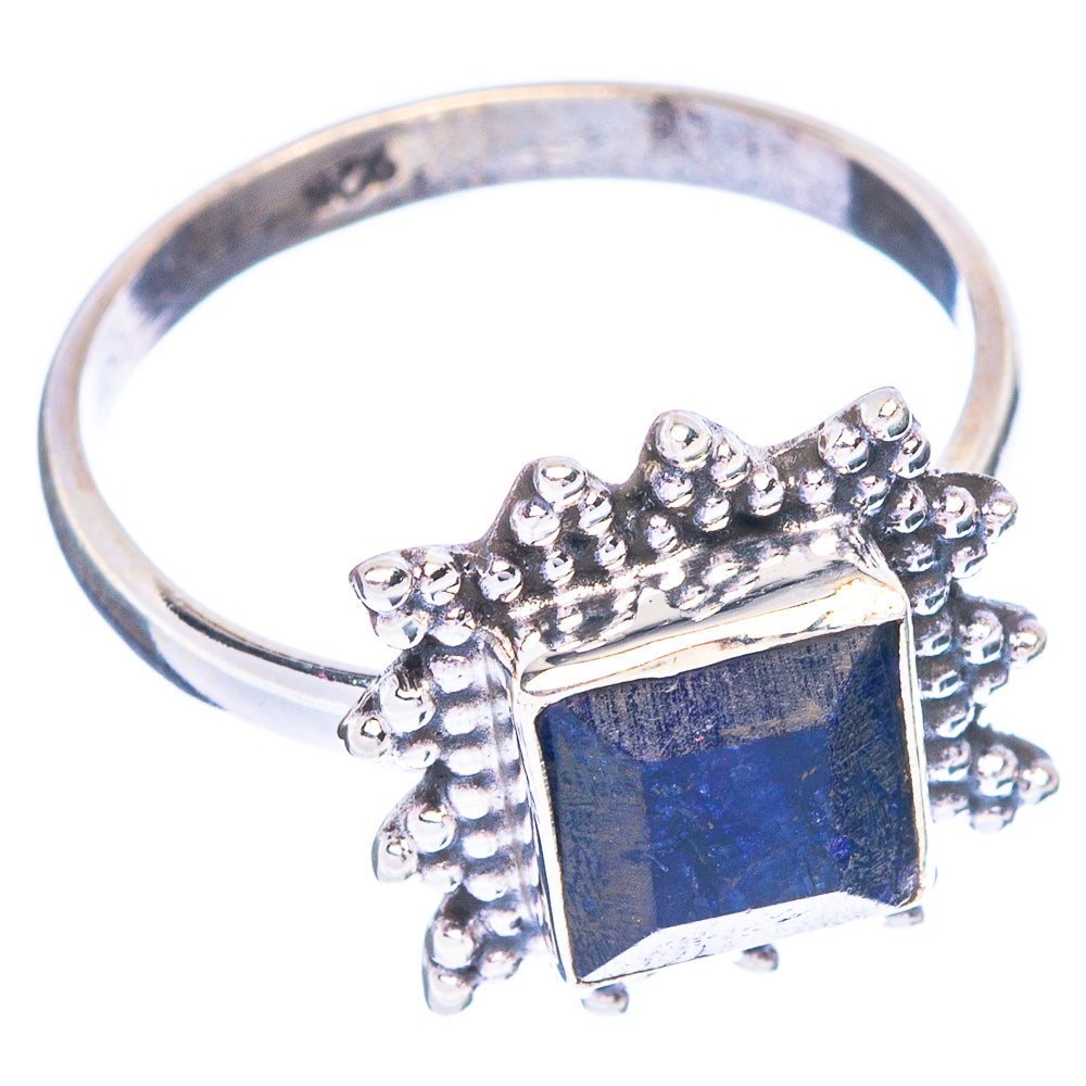 925 sterling silver ring with sapphire blue square center stone and textured side prongs