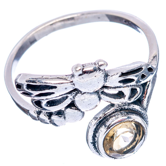 Sterling silver dainty dragonfly ring with round citrine stone, openwork details