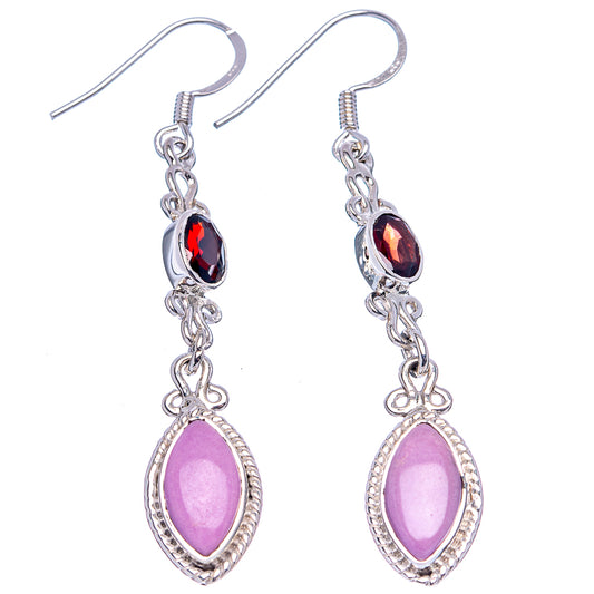 Sterling silver drop earrings with red garnet ovals and pink phosphosiderite teardrop pendants