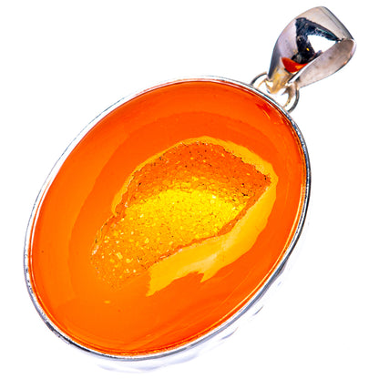 Orange Druzy 925 Sterling Silver Pendant 1 3/4"
