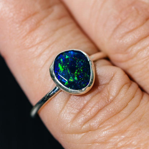 Black Ethiopian Opal Dainty Ring Size 7.75 (.925 Sterling Silver)