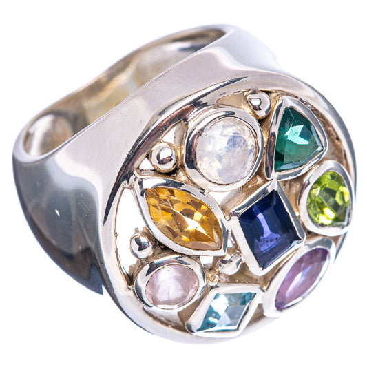 Sterling silver ring with faceted multi-color gemstones, openwork cluster top view
