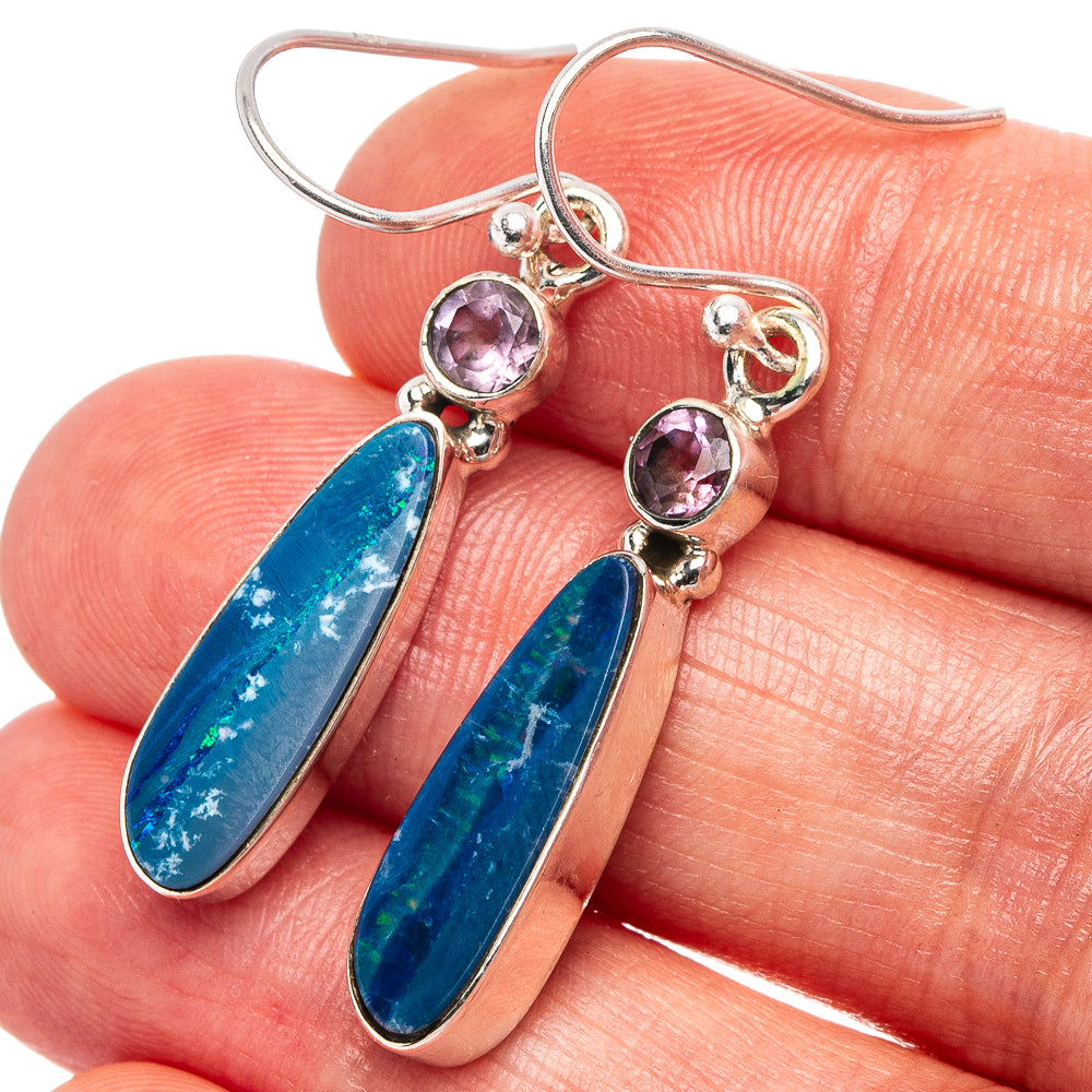 Rare Doublet Opal, Amethyst Earrings 1 5/8" (.925 Sterling Silver)