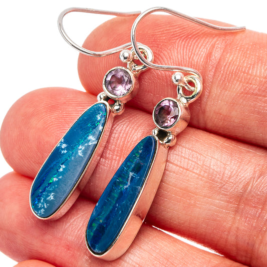 Sterling silver dangle earrings with round amethyst stones and blue opal doublets