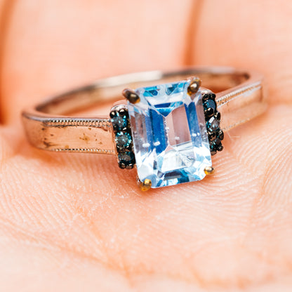 Blue Topaz, Blue Diamond Ring Size 7.5 (.925 Sterling Silver)