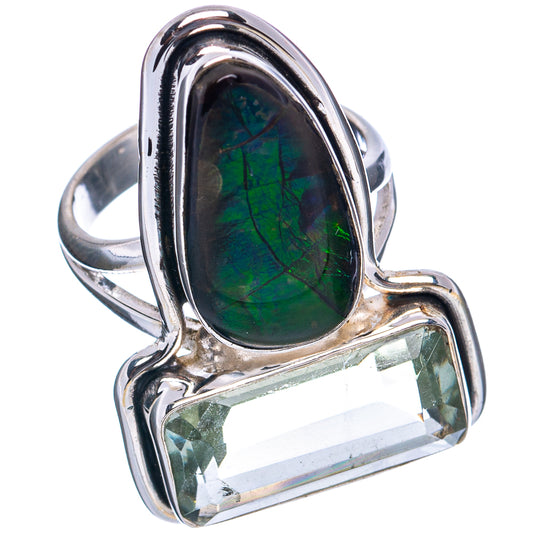 Sterling silver ring with oval green ammolite and clear emerald-cut rectangular stone