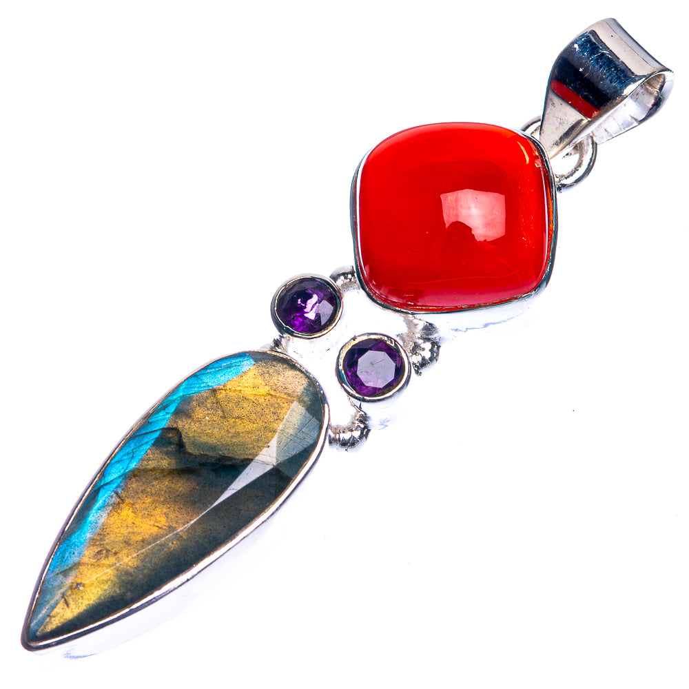 Sterling silver pendant featuring red square stone, two purple accents, and iridescent blue teardrop