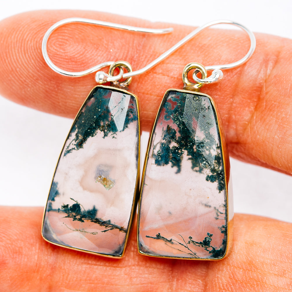 Green Moss Agate Heart Earrings 1 5/8" (German Silver)
