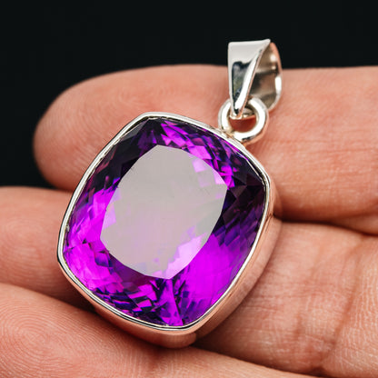 Premium 51.5ct Faceted Brazilian Amethyst Pendant 1 3/8" (.925 Sterling Silver)