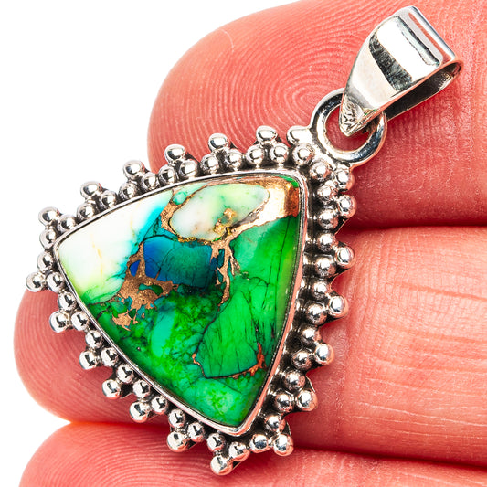 Turquoise triangle pendant close-up on silver beaded border and top bail