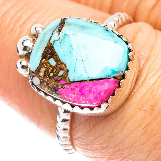 Turquoise and pink gemstone ring with .925 sterling silver prong setting, size 6.75