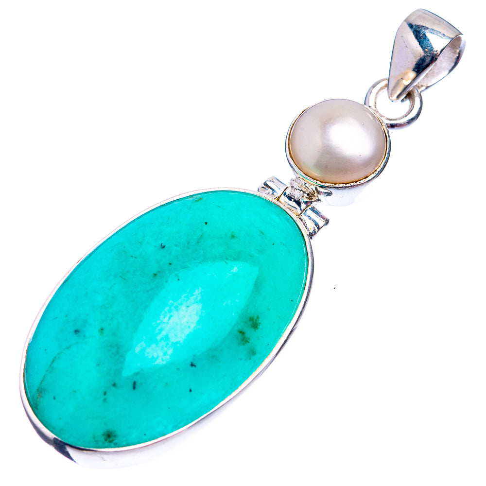 Sterling silver pendant with large oval turquoise Amazonite and white round cultured pearl